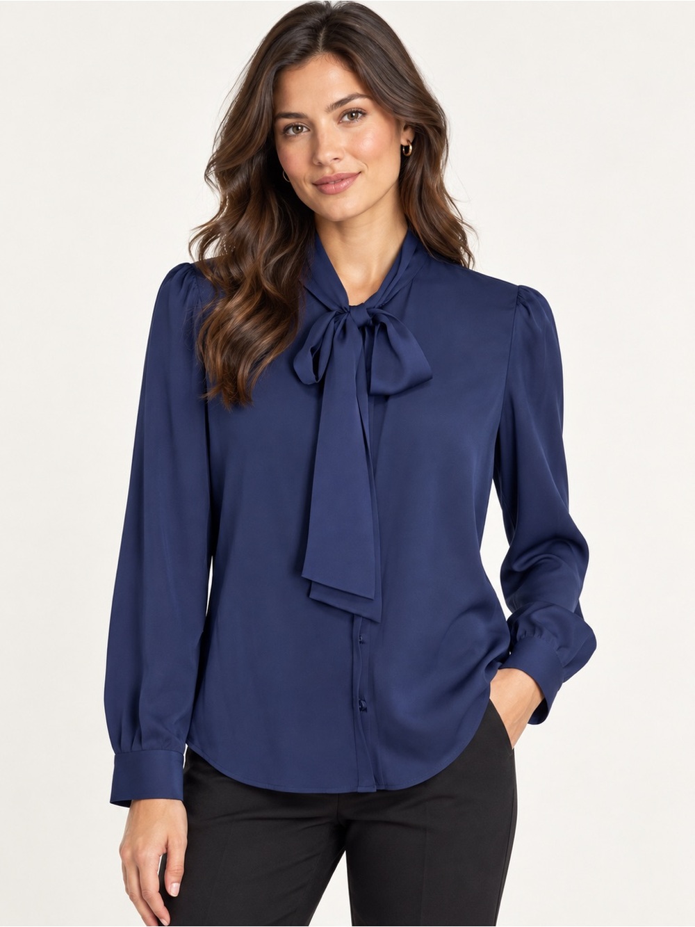 Quince Washable Stretch Silk Tie Neck Blouse Navy Blue Size M